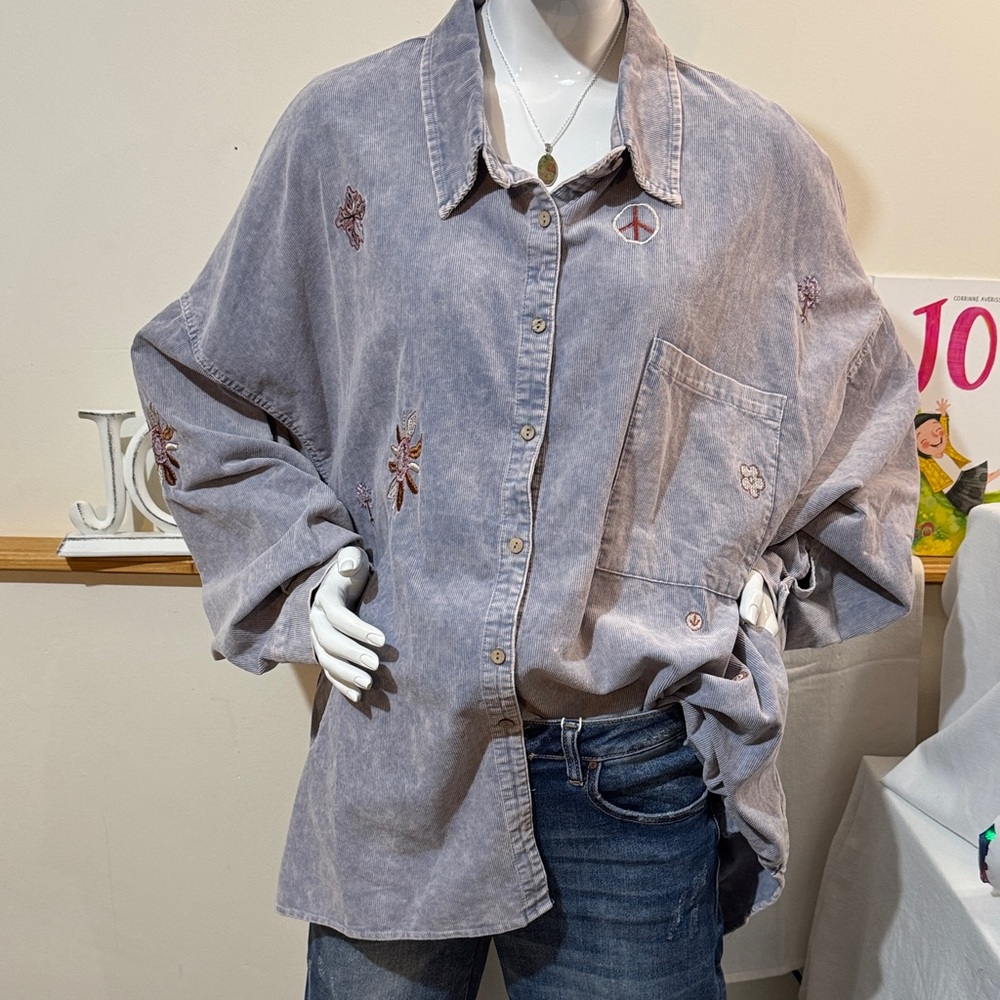Oli & Hali Blue Corduroy Shirt/Shacket with detailed embroidery. So unique!